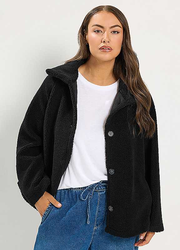 Yours Women's Black Funnel Neck Borg Jacket In | Size: 16 - Image 6