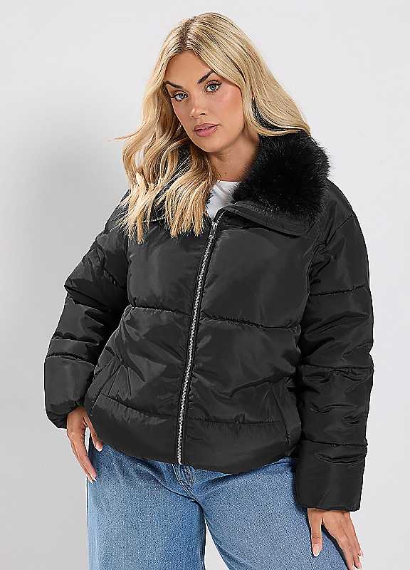 Yours Women's Black Curve Funnel Neck Padded Coat