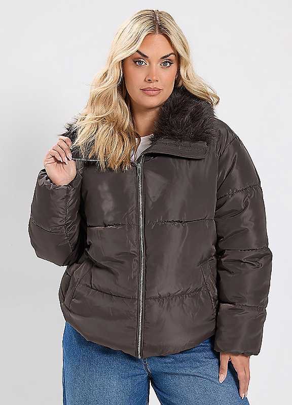 Yours Women's Brown Curve Funnel Neck Padded Coat