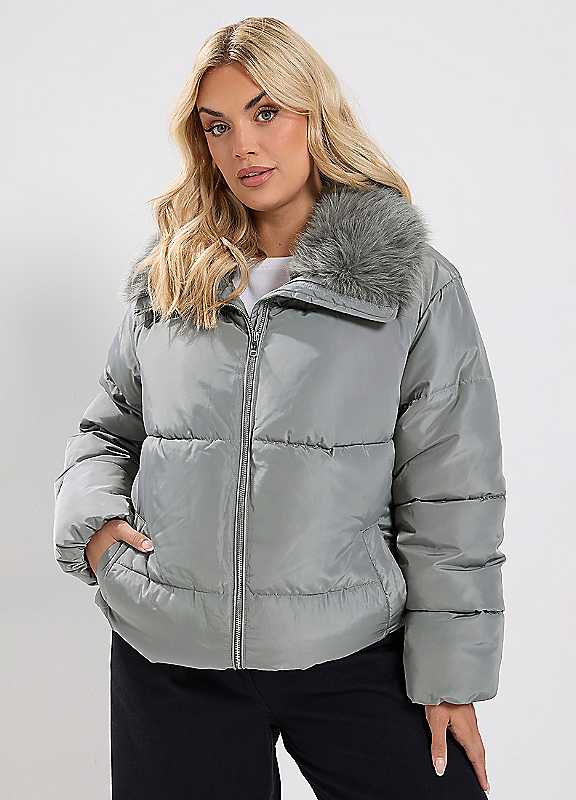 Yours Women's Grey Curve Funnel Neck Padded Coat