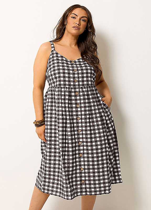 Yours Curve Brown Gingham Linen Dress - Women's - Plus Size Curve - Image 2