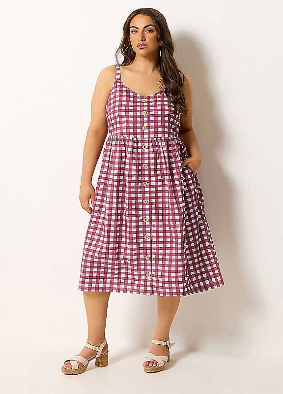 Yours Women's Burgundy Gingham Linen Midi Dress In | : Size 14 - Image 2