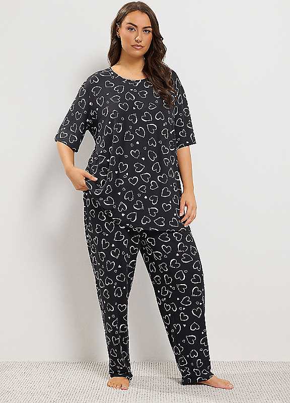 Yours Women's Black Heart Print Wide Leg Pyjama Set In | Size: 10-12 - Image 2