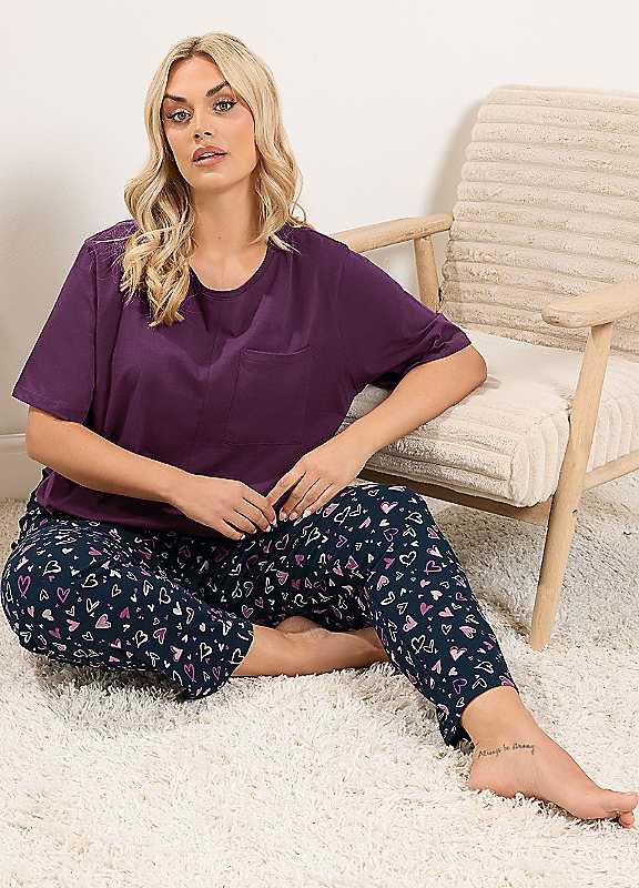 Yours Women's Purple Heart Wide Leg Pyjamas In | Size: 10-12 - Image 6
