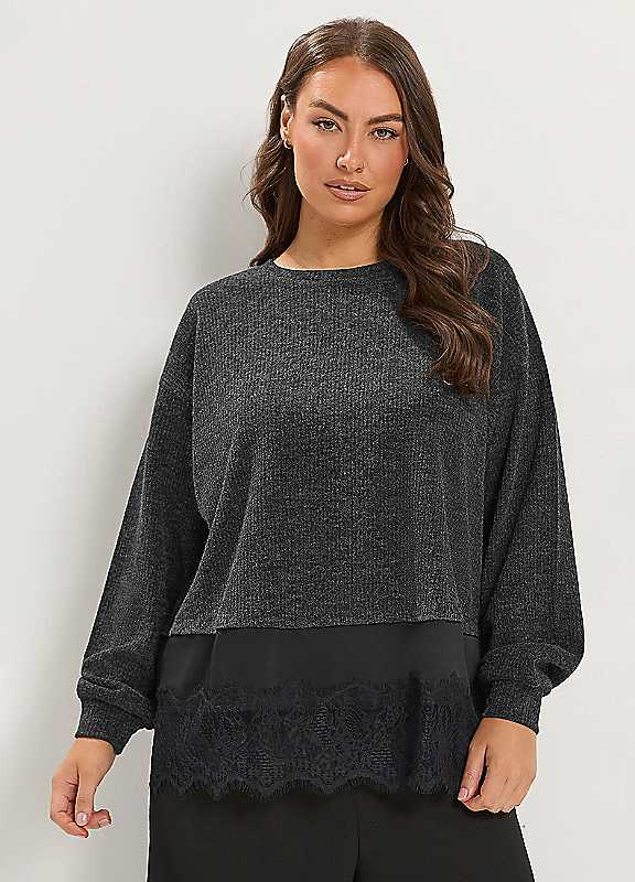 Yours Women's Grey Long Sleeve Lace Hem Top In | Size: 26-28 - Image 6