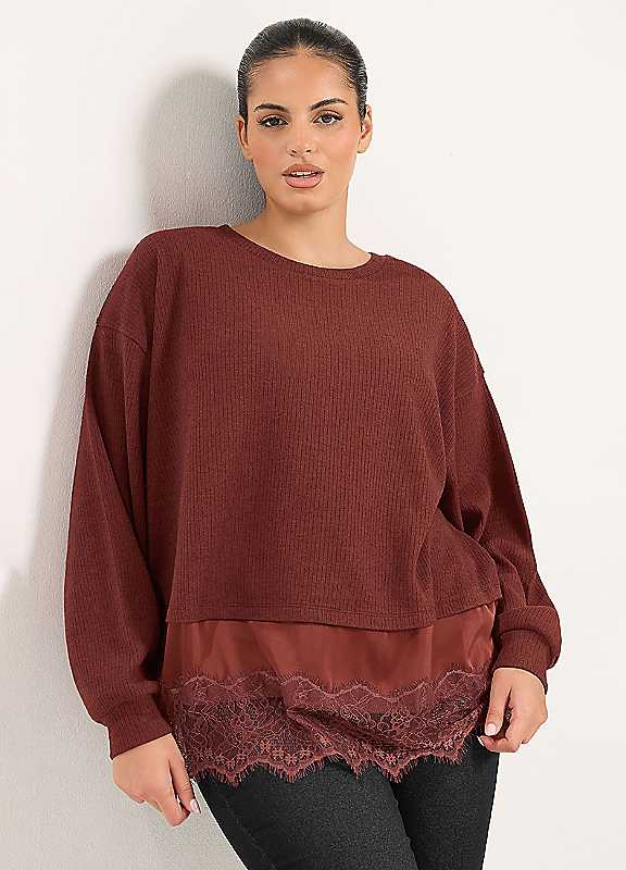 Yours Women's Long Sleeve Lace Hem Top in Burgundy | Size: 26-28 - Image 6