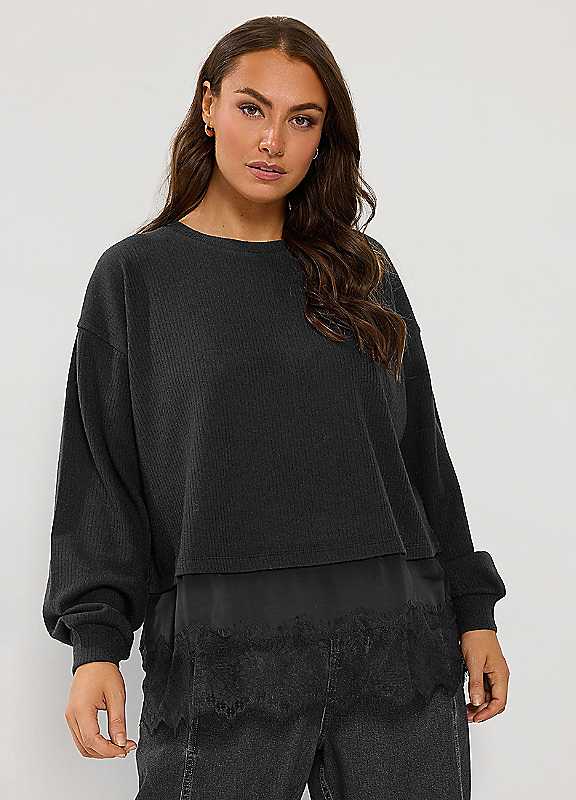 Yours Women's Black Long Sleeve Lace Hem Top In | Size: 26/28 - Image 6
