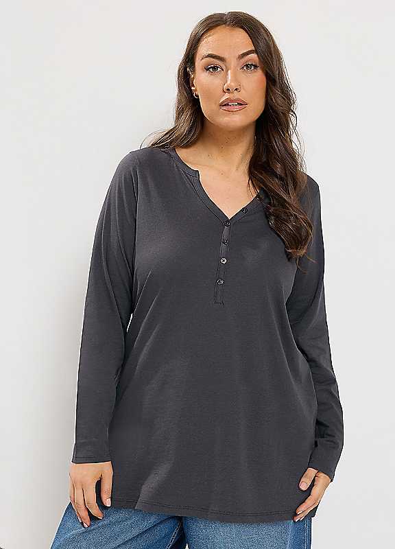 Yours Women's Grey Henley Long Sleeve T-Shirt In | Size: 38/40 - Image 3