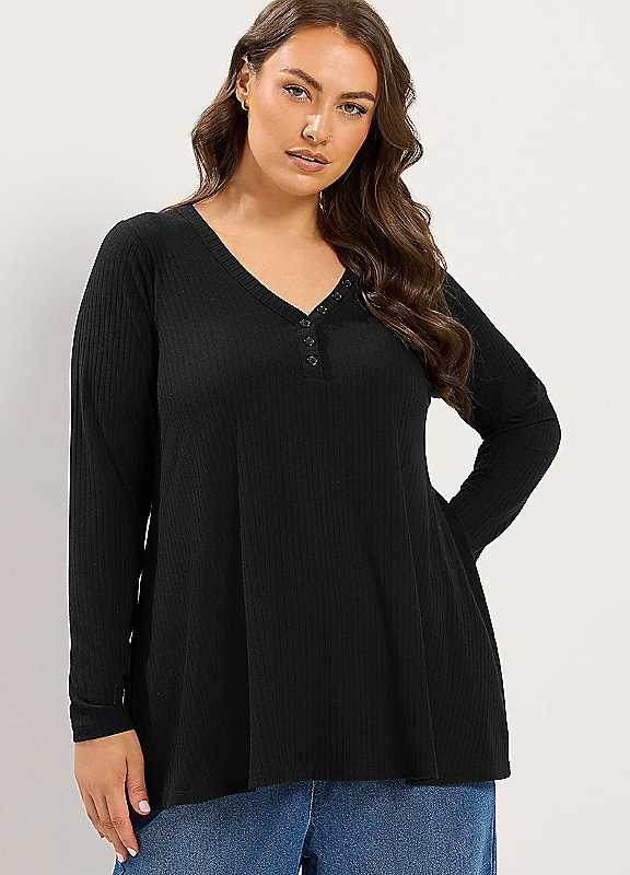 Yours Women's Black Curve Henley Ribbed Swing Top