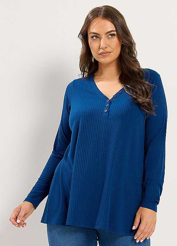 Yours Women's Blue Curve Henley Ribbed Swing Top
