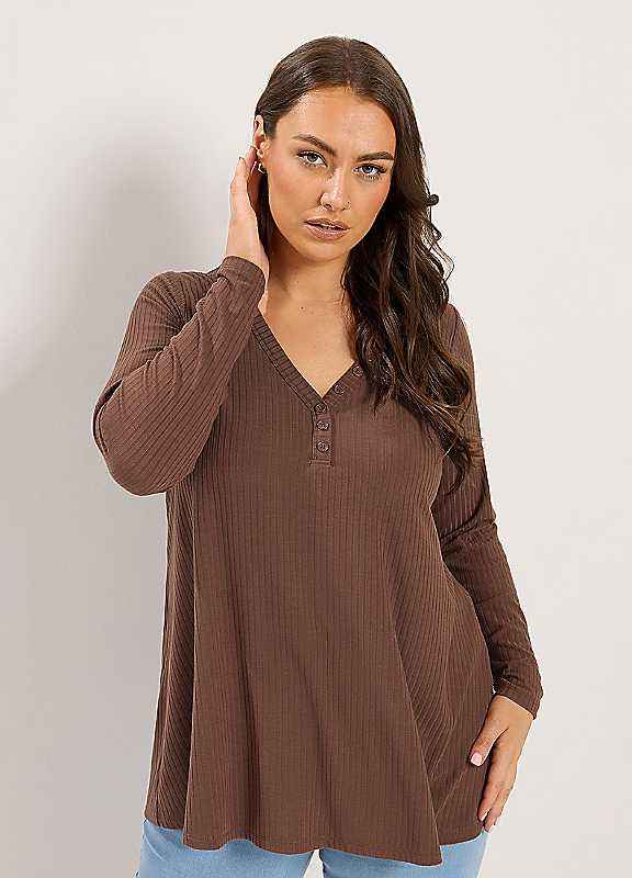 Yours Women's Brown Curve Henley Swing Top