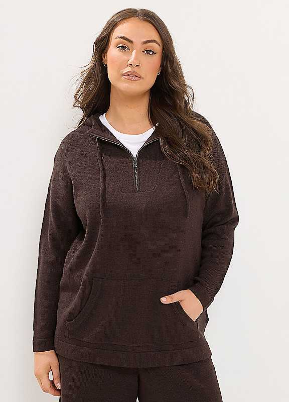 Yours Women's Quarter Zip Knitted Hoodie in Chocolate | Size: 30-32 - Image 3