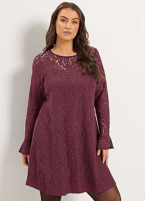 Yours Women's Burgundy Lace Frill Sleeve Dress In | Size: 26/28 - Image 2