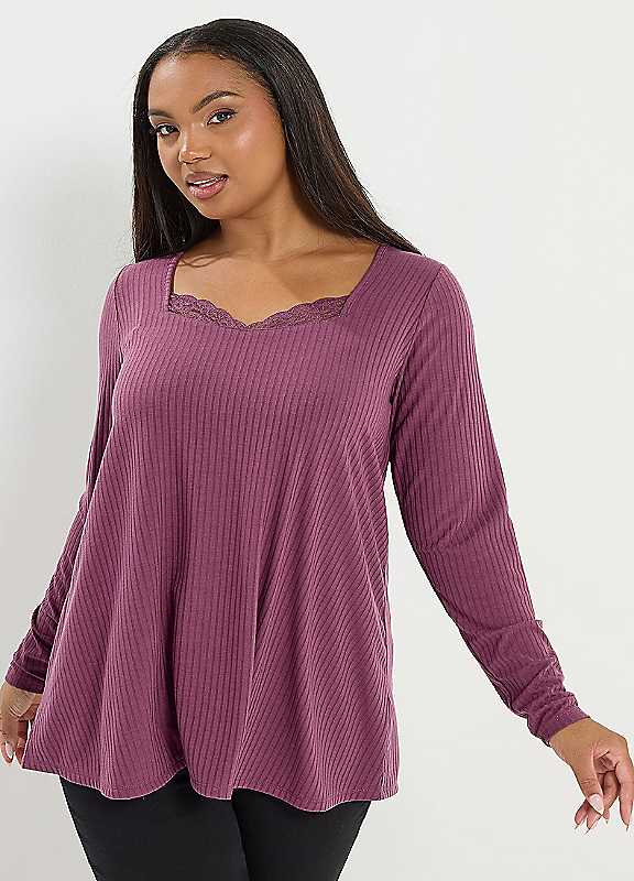 Yours Pink Curve Lace Insert Ribbed Top