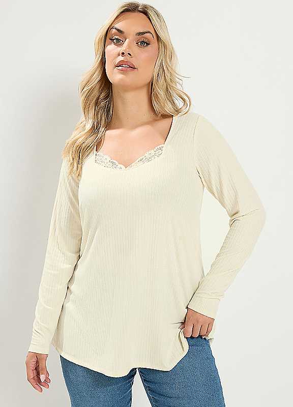 Yours Women's Lace Insert Ribbed Top in Natural | Size: 16 - Image 2