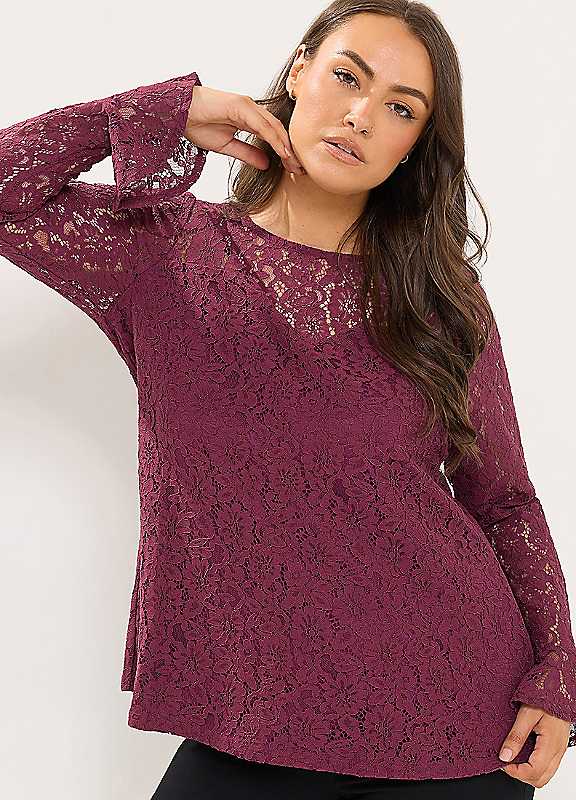Yours Women's Red Lace Long Sleeve Top In | : 26/28 - Image 6