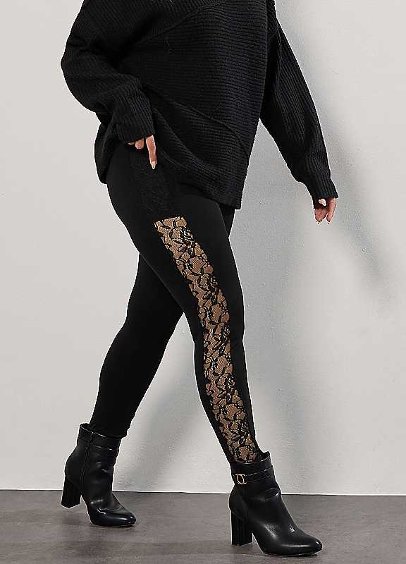 Yours Black Curve Lace Side Stripe Leggings