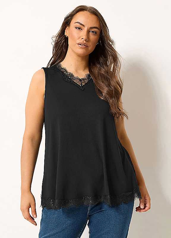 Yours Women's Black Lace Trim Vest Top In | Size: 26-28 - Image 6