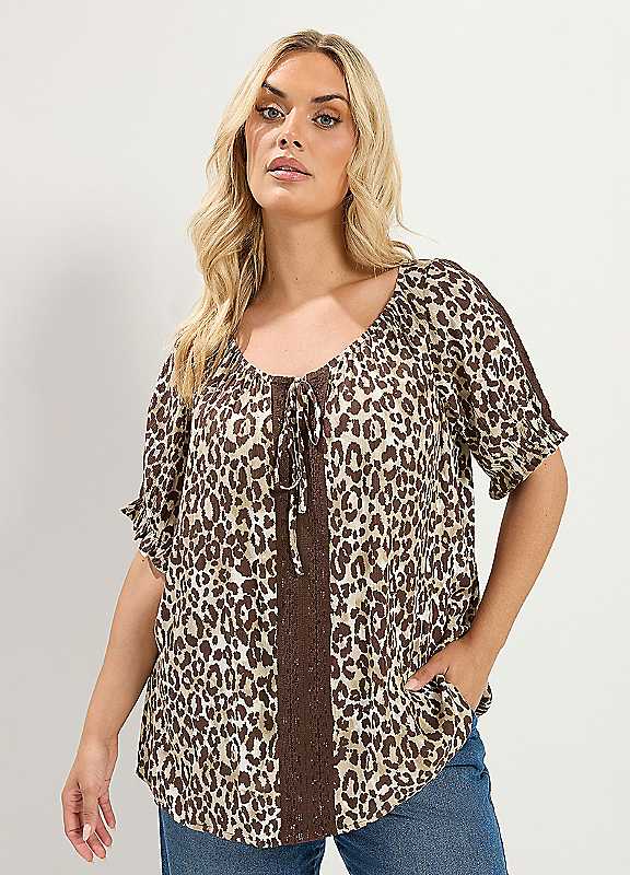 Yours Women's Chocolate Leopard Crochet Tie Front Top In | Size: 22/24 - Image 2