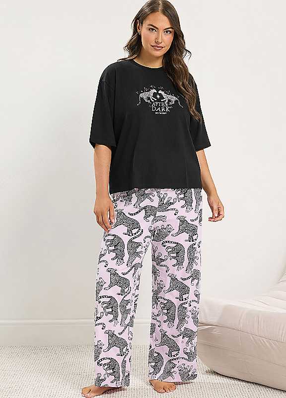 Yours Women's Black Leopard Extra Wide Leg Pyjama Set In | Size: 14-16 - Image 6