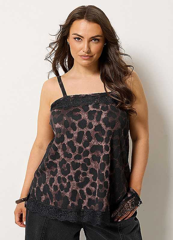 Yours Women's Dark Brown Leopard Print Lace Trim Vest Top In | : Size 20 - Image 2