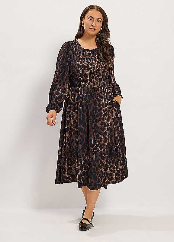Yours Women's Brown Leopard Shirred Midi Dress In | : Size 18 - Image 2