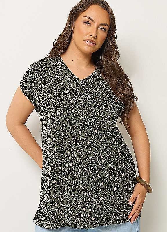 Yours Women's Dark Olive Leopard Stud Pocket T-Shirt In | : Size 16 - Image 7