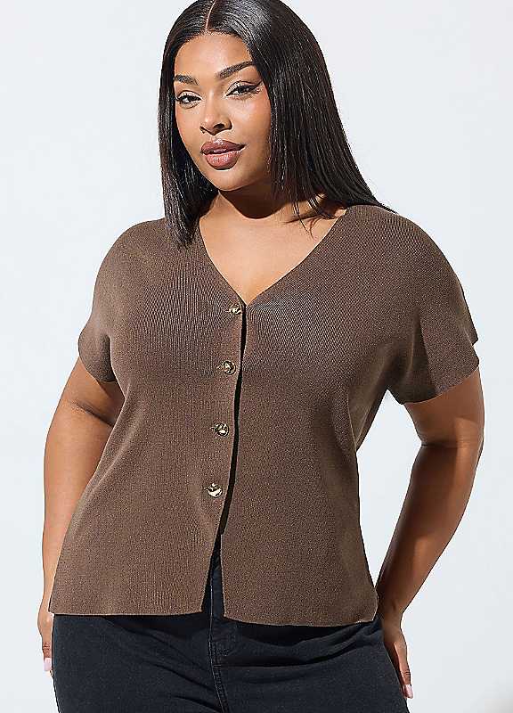 Yours Women's Chocolate Short Sleeve Knitted Top In | : 22/24 - Image 6