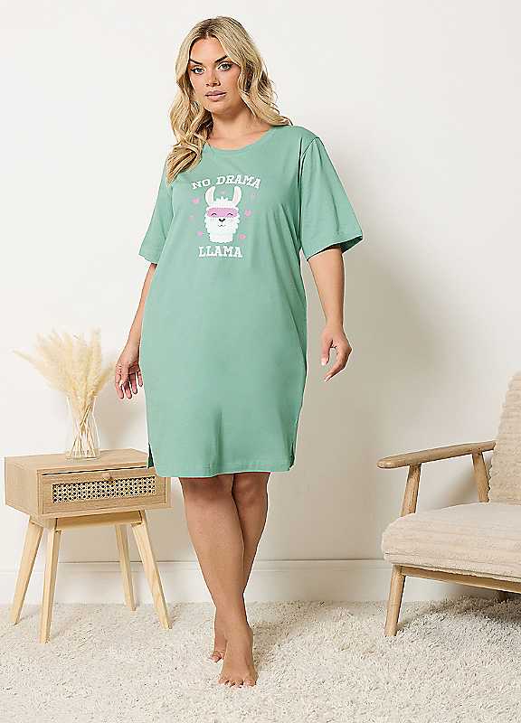Yours Women's Green Llama Side Split Nightdress In Size 38-40 - Image 4