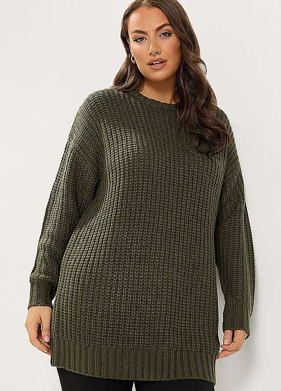 Yours Women's Dark Olive Longline Waffle Knit Jumper In Size 22-24 - Image 6