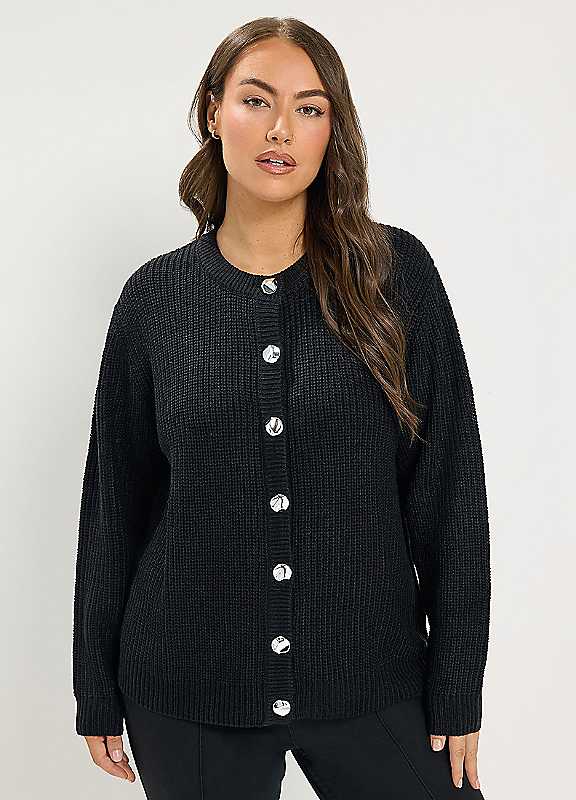 Yours Women's Black Metal Button Knitted Cardigan In | Size: 22/24 - Image 2