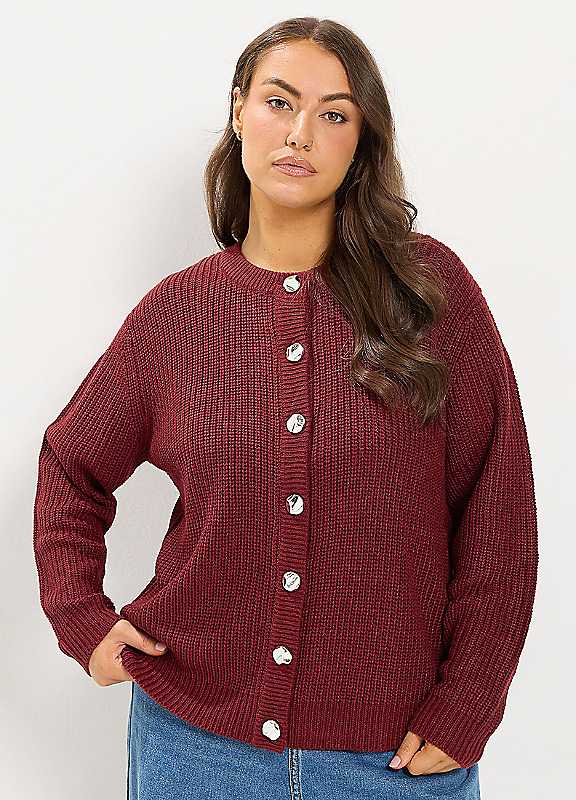 Yours Women's Burgundy Metal Button Knitted Cardigan Sweater In | : 14/16 - Image 2