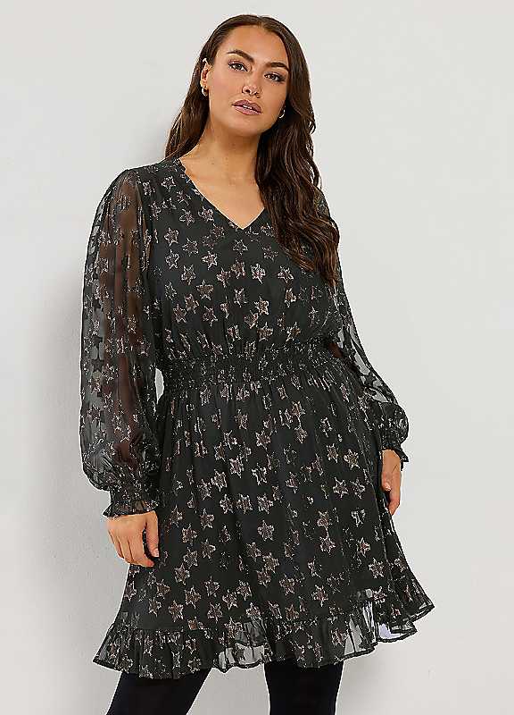 Yours Women's Black Metallic Star Print Mini Dress In | Size: 14 - Image 2