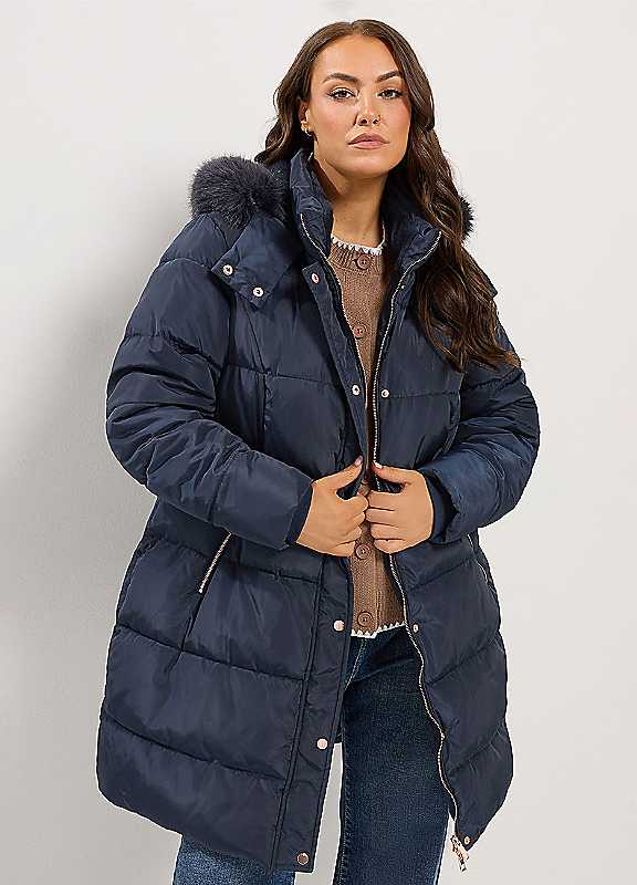Yours Women's Blue Curve Midi Puffer Coat
