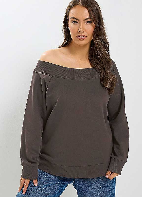 Yours Women's Chocolate Off Shoulder Ribbed Sweatshirt In Size 26-28 - Image 6