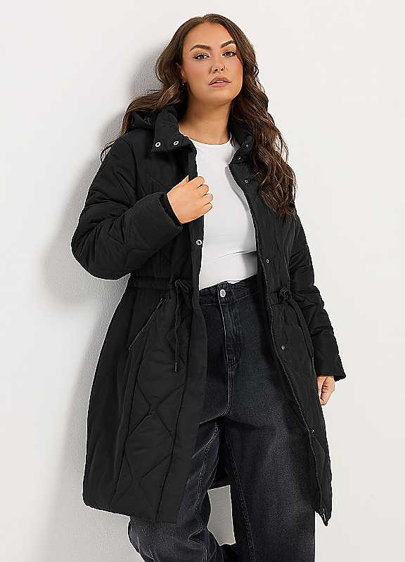Yours Women's Black Curve Padded Midi Coat
