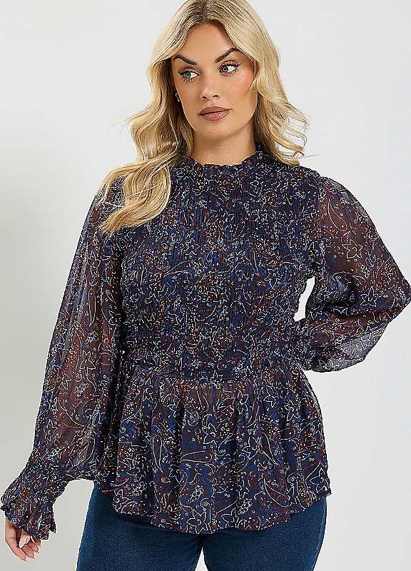 Yours Curve Blue Paisley Print Shirred Front Top - Women's - Plus Size Curve - Image 3