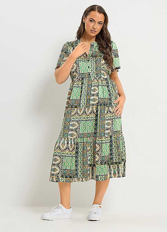 Yours Women's Green Patchwork Half Placket Dress In | Size: 22-24 - Image 2