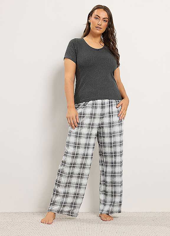 Yours Women's Pointelle Checked Extra Wide Leg Pyjama Set in Grey | Size: 38-40 - Image 2