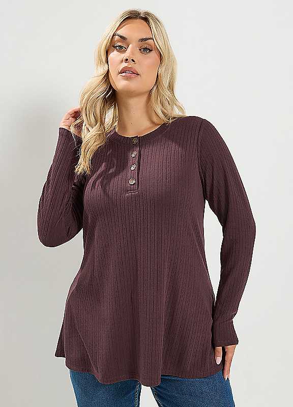 Yours Women's Chocolate Pointelle Henley Top In | Size: 20 - Image 3