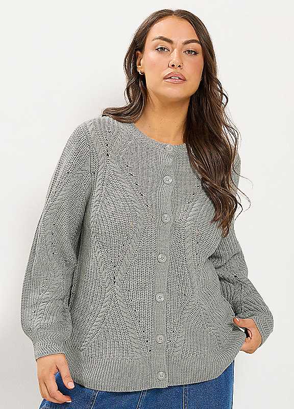 Yours Women's Grey Pointelle Knit Cardigan In | Size: 26-28 - Image 2
