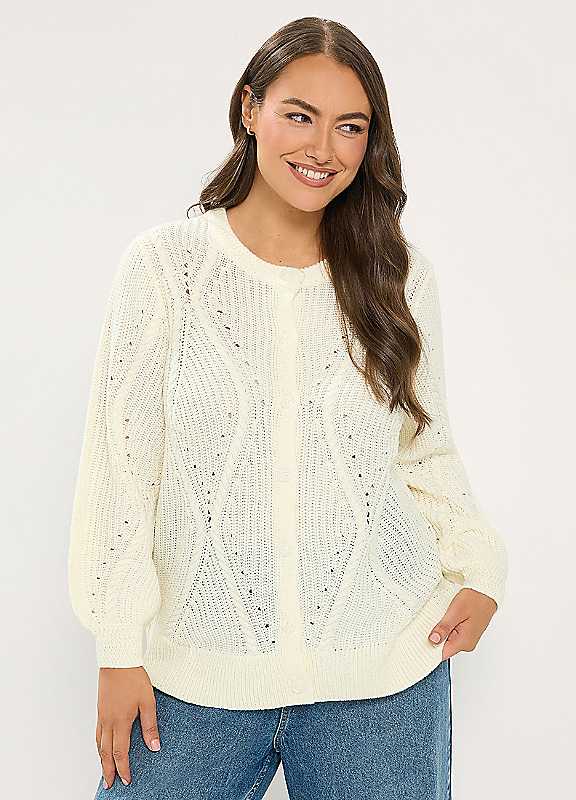Yours Women's Cream Pointelle Knit Cardigan In | Size: 26/28 - Image 6