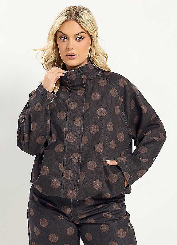 Yours Women's Brown Polka Dot Denim Bomber Jacket In | Size: 26-28 - Image 6