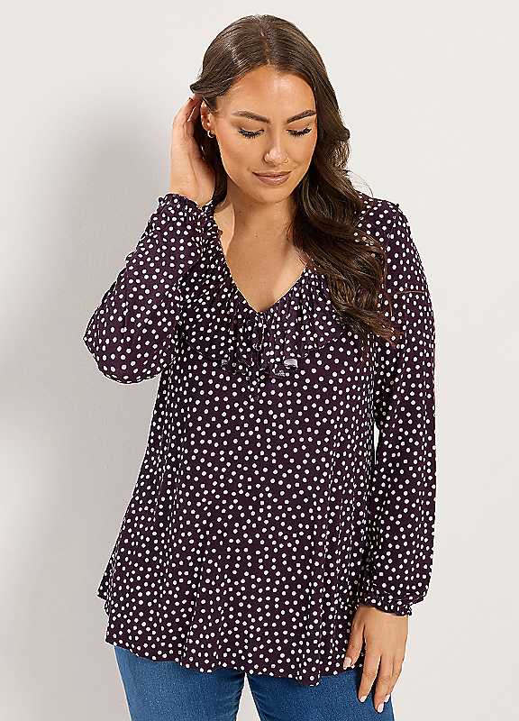 Yours Women's Purple Curve Polka Dot Frill Blouse