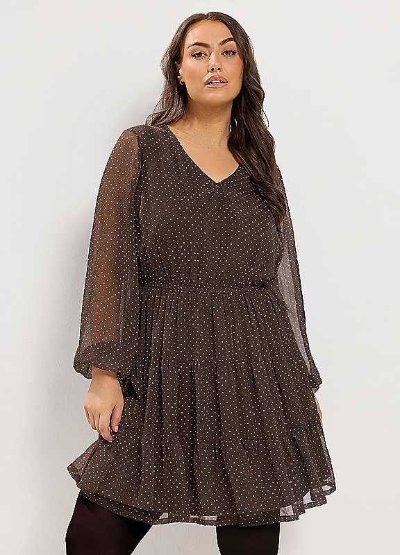 Yours Women's Chocolate Polka Dot Tiered Dress In | Size: 26/28 - Image 6