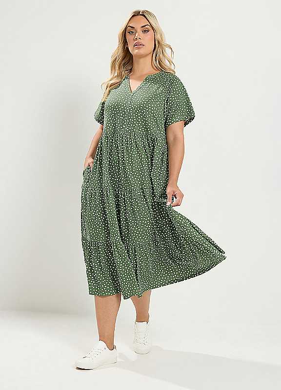 Yours Women's Green Polka Dot Tiered Dress In Size 20 - Image 2