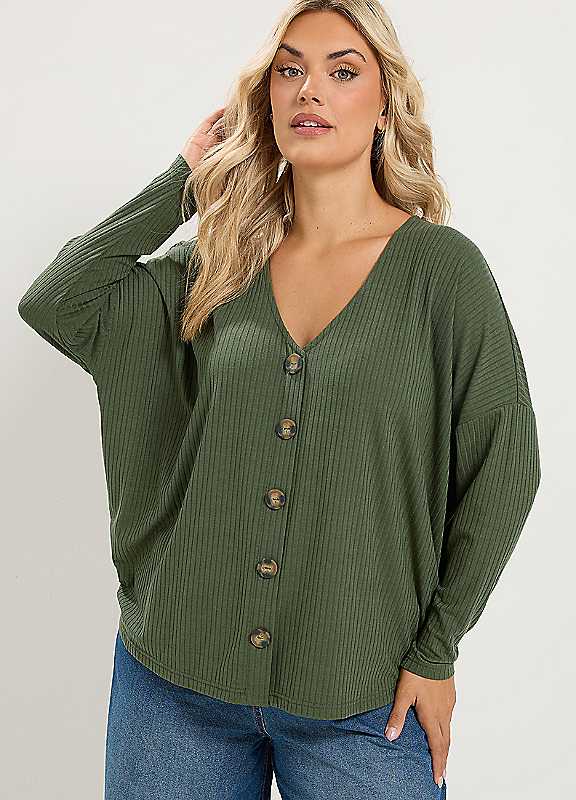 Yours Women's Light Khaki Ribbed Button Details Top In | Size: 26-28 - Image 6