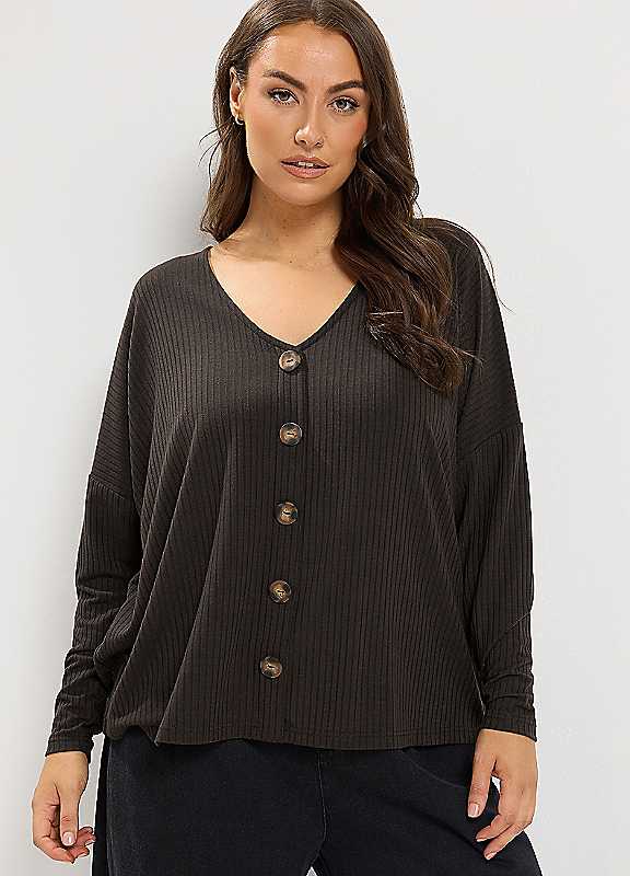 Yours Women's Chocolate Ribbed Button Details Top In Size 26-28 - Image 6
