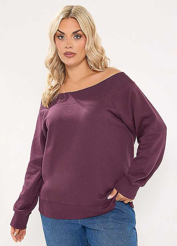 Yours Women's Ribbed Off-Shoulder Sweatshirt in Burgundy | Size: 26-28 - Image 6