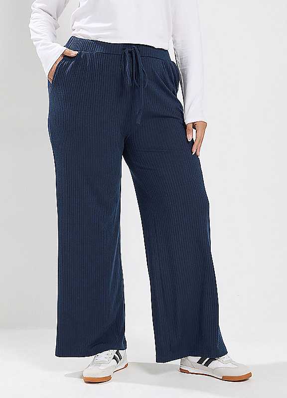 Yours Women's Mid Navy Ribbed Pull On Trousers In | Size: 14S - Image 2